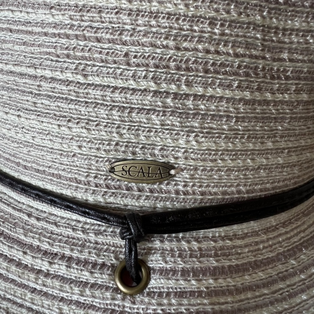 *FIRM PRICE* Scala gray and tan woven hat with leather strap and drawstring inte - Picture 8 of 15